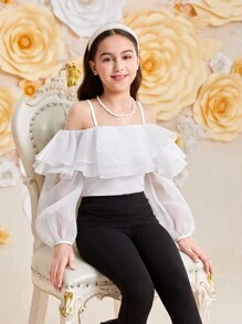 SHEIN Blusa De Organza De Manga Comprida Com Ombros De Fora, Gola De Babados De Camadas Duplas Para Meninas Pré-adolescentes - Branco - Visão 3
