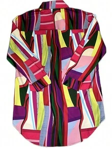 Áo sơ mi tay cánh dơi dáng rộng in họa tiết hình học Fashion Me, chất liệu polyester, màu tím, thích hợp mặc hàng ngày và đi làm, áo kiểu tay dài in họa tiết nhiều màu sắc, áo tay dài, thích hợp cho ngày lễ tình nhân mùa xuân. - Màu tím - Xem 4