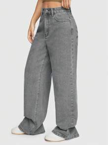 ROMWE Avant Phong cách đường phố Giải trí quần ống rộng Lá thư & Cây nho Thêu Của phụ nữ Denim Quần jean - Xám - Xem 4