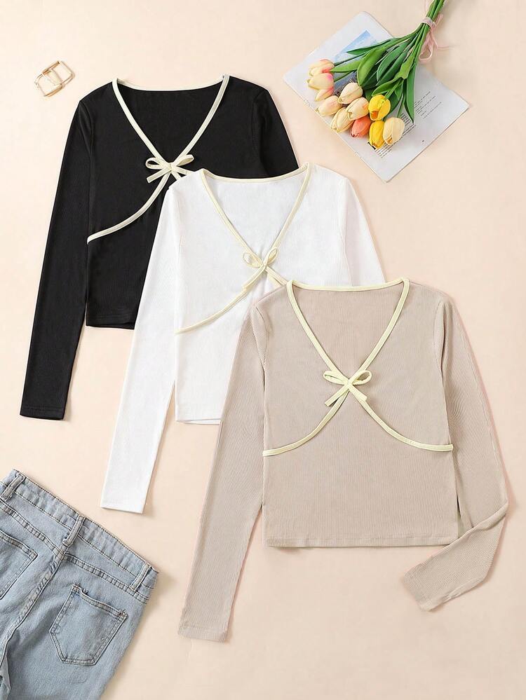 Women's Color Block T-Shirt With Bow Decoration Fall Cloth For Women