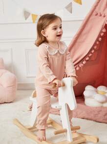 Baby Girl Cute Sweet Ruffle Collar Floral Splice Long Sleeve Pajamas Set - Pink - View 1