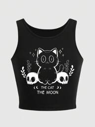 Goth Top court imprimé de bébé chat et de crâne de bande dessinée, avec un design moulant, pour école