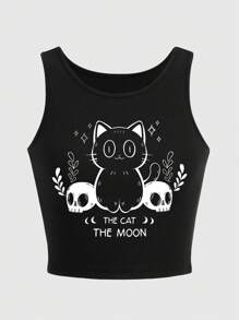 ROMWE Goth Cute Kitten & Skull Cartoon Print Crop Top With Tight Design, School - Black - View 1
