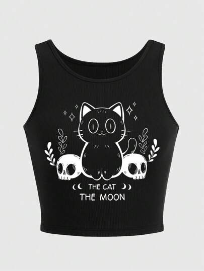 Goth Top court imprimé de bébé chat et de crâne de bande dessinée, avec un design moulant, pour école
