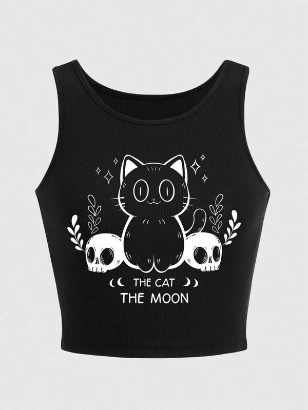 ROMWE Goth Crop crop drăguț cu pisicuță și craniu cu desene animate, cu design strâns, școală