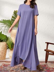 Seusyu 女士圓領短袖不對稱裙擺連衣裙 - 紫色 - 查看 6
