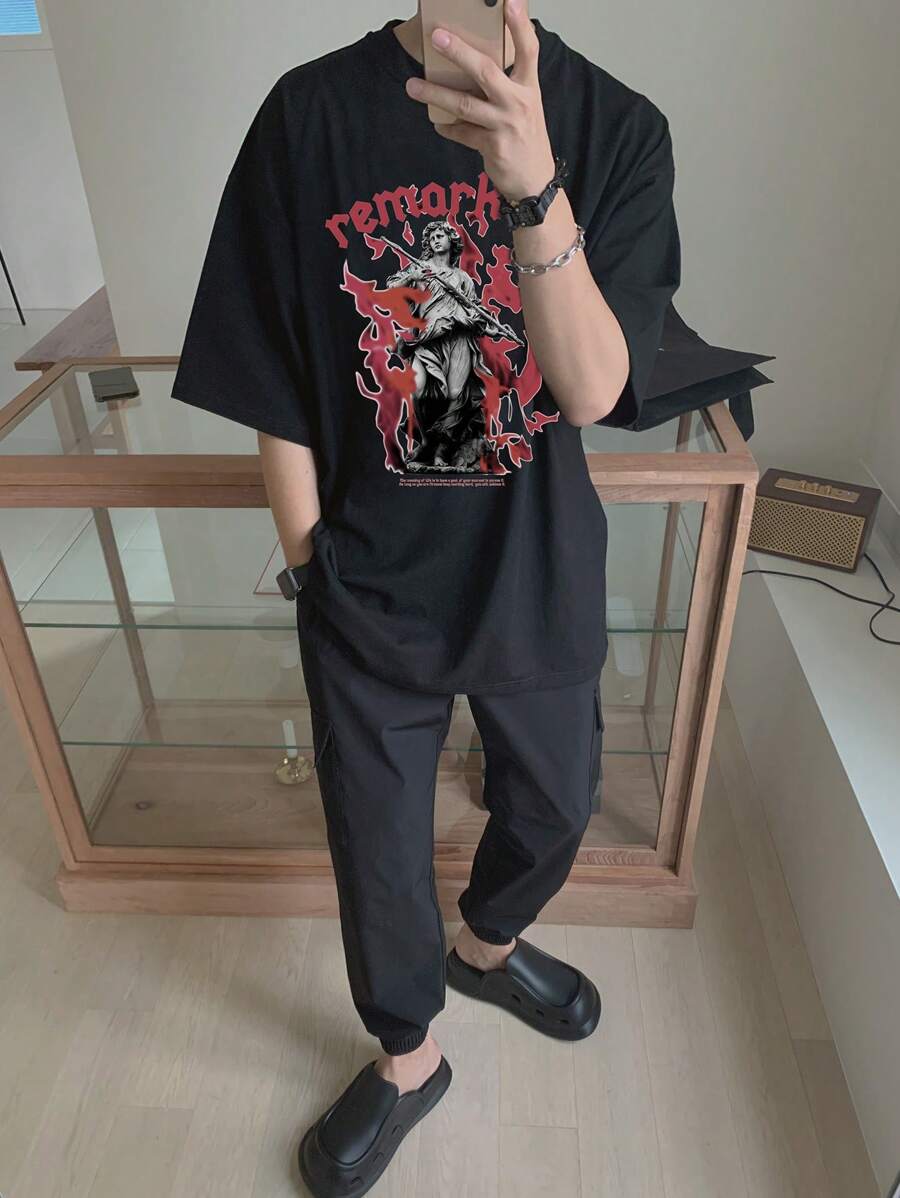DAZY Men's Summer Graphic Print Drop Shoulder T-Shirt - Black - View 1