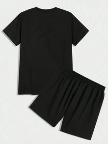 Manfinity Roughcore Men's Color-Block Round Neck T-Shirt And Letter Printed Shorts Set - Black - View 2