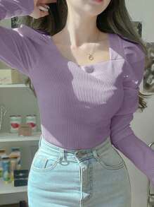 DAZY Áo thun tay phồng trơn màu cho nữ, Áo dài tay cho nữ, Quần áo nữ mùa thu dễ thương - Màu tím hoa cà - Xem 3