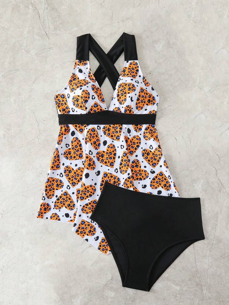 Women's Summer Beach Leopard Heart Printed Vest-Style Tankini Set