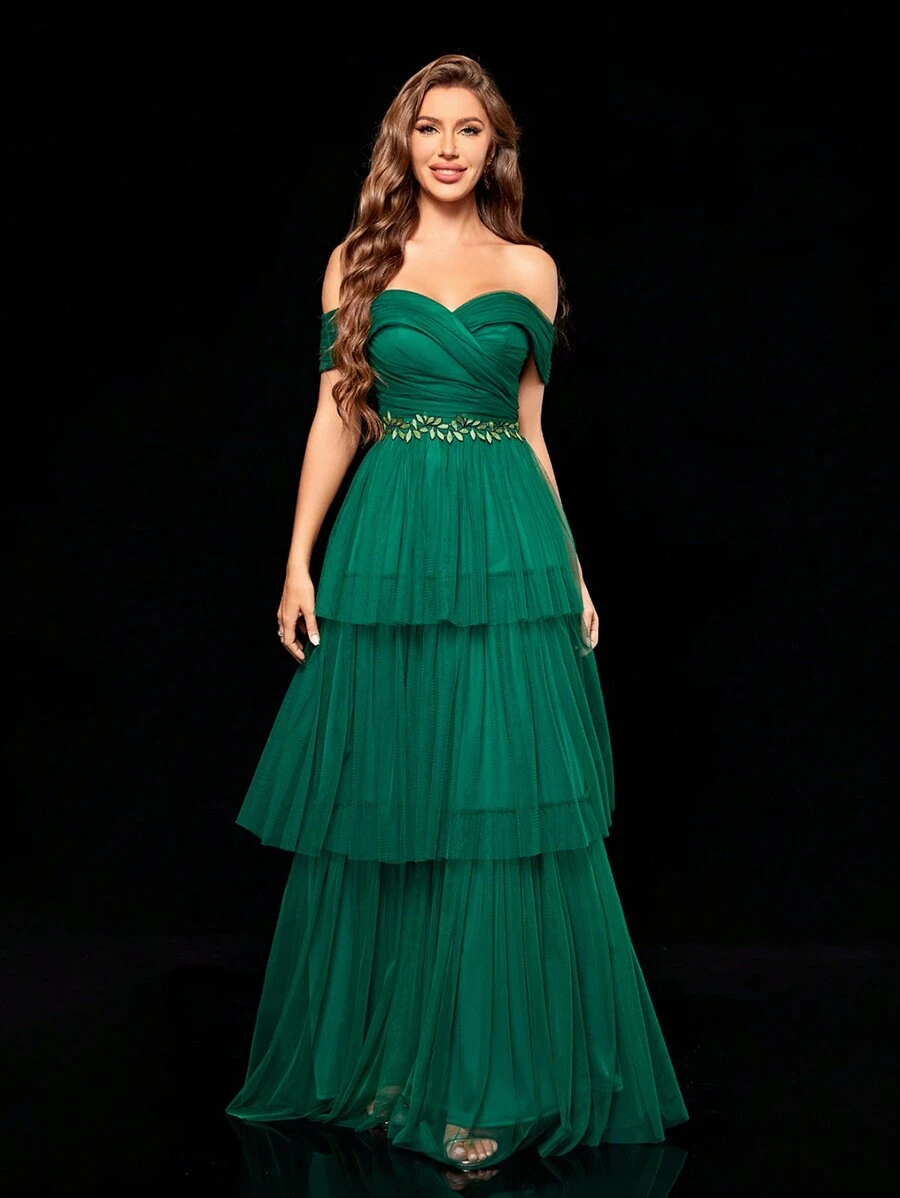 Off Shoulder Asymmetrical Layered Mesh Dress, Elegant Formal Evening Prom Wedding Guest Gown, For Graduation, Dinner Party Dress Spring - Dark Green - View 1