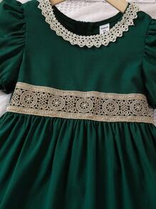 Young Girl's Green Puff Short Sleeve Dress With Gold Lace Trim - Green - View 3