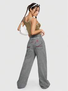 ROMWE Avant Phong cách đường phố Giải trí quần ống rộng Lá thư & Cây nho Thêu Của phụ nữ Denim Quần jean - Xám - Xem 2