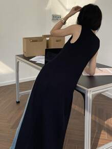 DAZY Áo len cardigan dài cổ chữ V co giãn ôm vừa vặn màu trơn không tay cho nữ, áo không tay mùa hè - màu đen - Xem 2