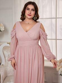 Plus Size Women Open Shoulder Long Sleeve Chiffon Bridesmaid Dress - Pink - View 6