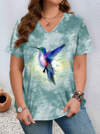 EMERY ROSE Plus Size Women's Spring Hummingbird Tie-Dye Print Graphic T-Shirt, For Summer,Flower/Vacation