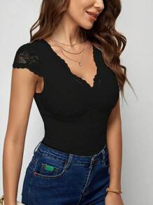 SHEIN Clasi 女士v領蕾絲拼接純色連體衣 - 黑色 - 查看 5