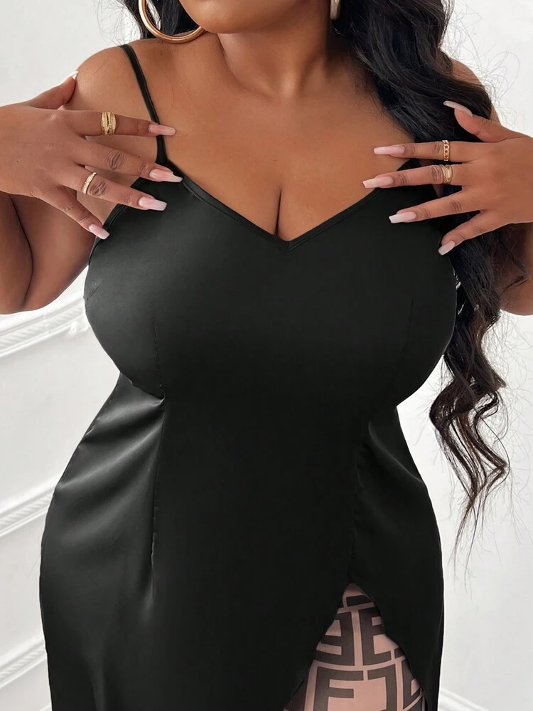 Valentine's Day Party Elegant & Sexy Slim Satin Camisole Top And Mesh Letter Fabric Pants For Women Plus Size Sexy Two-Piece Outfit
