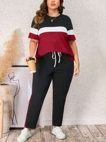 SHEIN LUNE Plus Size Color Block Round Neck Top And Pants Two Piece Set For Summer - Red - View 4