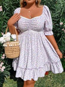 Flirla 大尺碼女款花卉印花短泡泡袖連身裙 - 紫色 - 查看 5