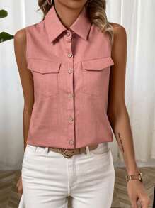 SHEIN LUNE Women'S Sleeveless Shirt With Lapel Collar And Pocket - Dusty Pink - View 4