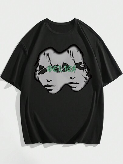 Goth T-shirt Col Rond Imprimé Lettres Et Visages Pour Hommes
