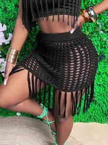 Slaydiva 1pc Bohemian Style Fringed Knitted Skirt For Vacation - Black - View 1