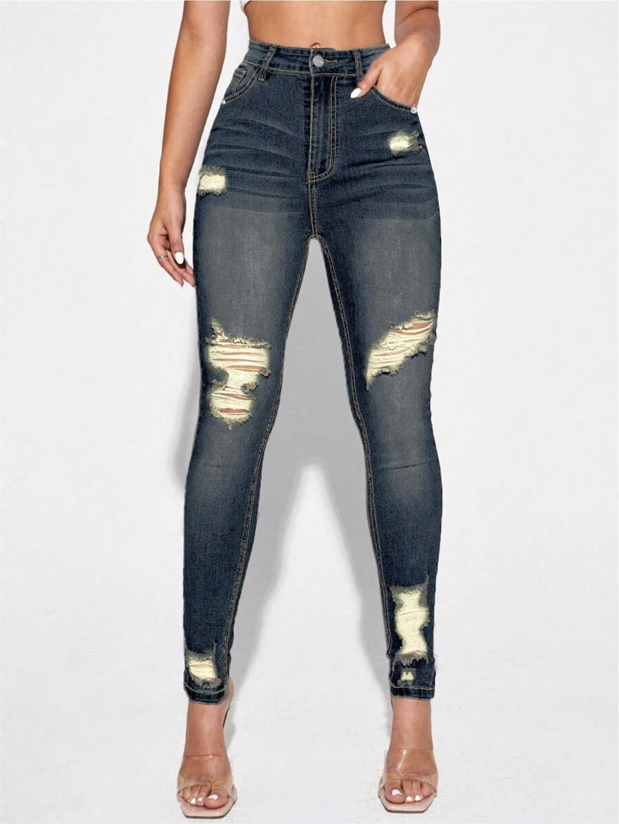 Selenza High Waist Ripped Skinny Jeans - Dark Wash - View 1