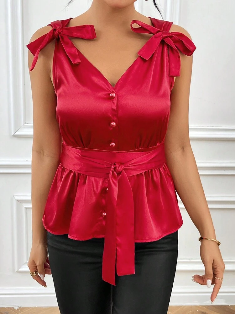 Wedding Ceremony Bowknot Detailing Women's Sleeveless Blouse With Cinching Waist