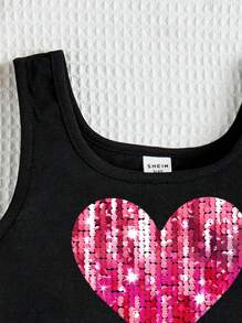 SHEIN Young Girl's Casual Simple Heart Pattern Sleeveless Tank Top With Round Neckline, Suitable For Summer Teen Girls Crop Topteen Girl Crop Topsblack Crop Top Young Girl