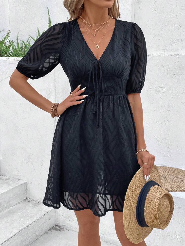 Knot Front V-Neck Jacquard Dress