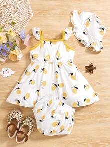 Baby Girl Adorable Lemon Pattern Printed Casual 3-Piece Set, Easy Matching - Yellow - View 2