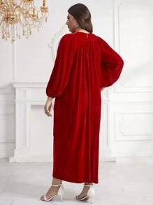 加大尺碼燈籠袖折疊褶皺斜口袋連衣裙 - 紅色 - 查看 2