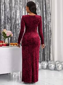 SHEIN Lady Women's Puff Sleeve Front Split Dress - Burgundy - View 2