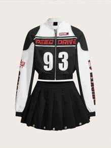 ROMWE PUNK 女士字母和数字印花拉链前夹克和百褶裙套装，学校 - 彩色 - 查看 1