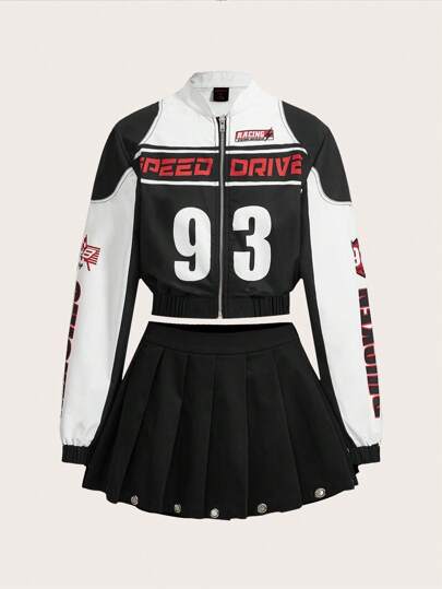 ROMWE PUNK Women's Letter & Number Print Zipper Front Jacket And Pleated Skirt Set, School