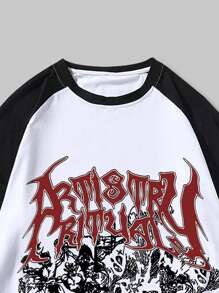 ROMWE MEN Grunge Punk 男式字母印花插肩袖T恤，适合秋季，2000年代风格 - 黑與白 - 查看 8