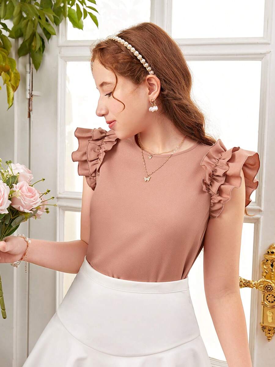 SHEIN Blusa Casual De Cuello Redondo Con Adornos De Volante Tejido De Chica Adolescente - Rosa vieja - Ver 1