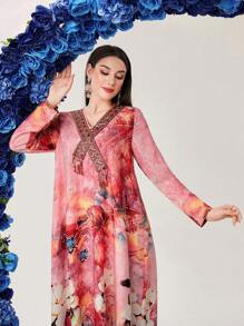 Al Najma 水洗紮染花卉拼接亮片點綴絲帶束腰連衣裙 - 彩色 - 查看 3