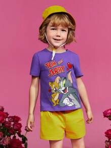 TOM & JERRY X SHEIN 男孩卡通字母圖案t恤 - 紫色 - 查看 3