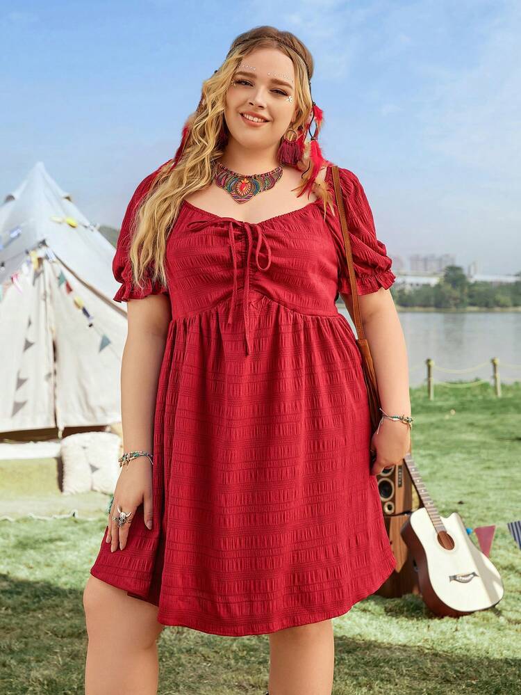 Plus Size Women's Sweetheart Neck Short Sleeve Dress