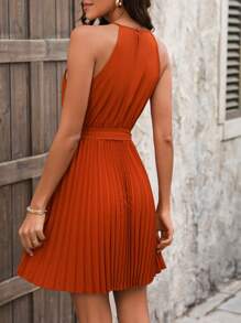 SHEIN LUNE Women's Belted Halter Pleated Hem Dress - Orange - View 2