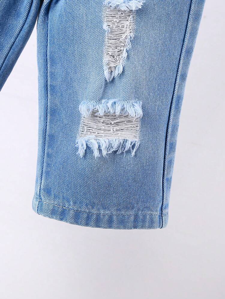 Baby Boys' Street Cool Cute Bear & Astronaut Printed Loose, Comfortable, Soft Black Short Sleeve T-Shirt And Elastic Waist Ripped, Loose, Casual, Straight Leg Jeans Two Piece Set