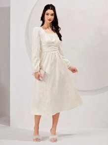 Modelyn Quý cô Màu thuần Textured Viền ren Đầm - trắng - Xem 4