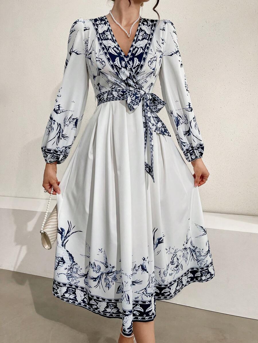 Seusyu Women Dresses Berikat Membungkus Bunga Casual - MultiWarna - View 1