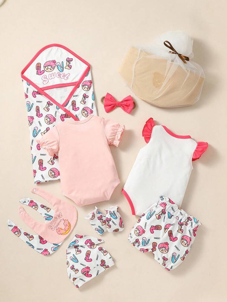 Sweet Style Newborn Baby Girl Gift Box Set, Donut Ice Cream Candy Printed Bodysuit And Shorts, Multiple Pieces Cute Casual Daily Wear, Spring Summer