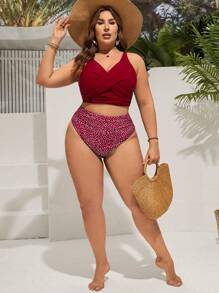 SHEIN Swim Curve 夏季海滩大码女式交叉波尔卡圆点比基尼套装新年 - 酒紅色 - 查看 4