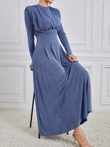 Modelyn Women's Solid Color Long Sleeve Dress Modest Dress - Dusty Blue - View 3