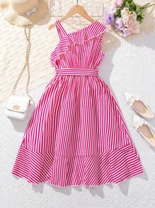 Sparklyn 青少年女孩条纹长裙，带不对称肩带和荷叶边，适合海滩度假、假日、夏季、旅行 - 玫紅色 - 查看 2