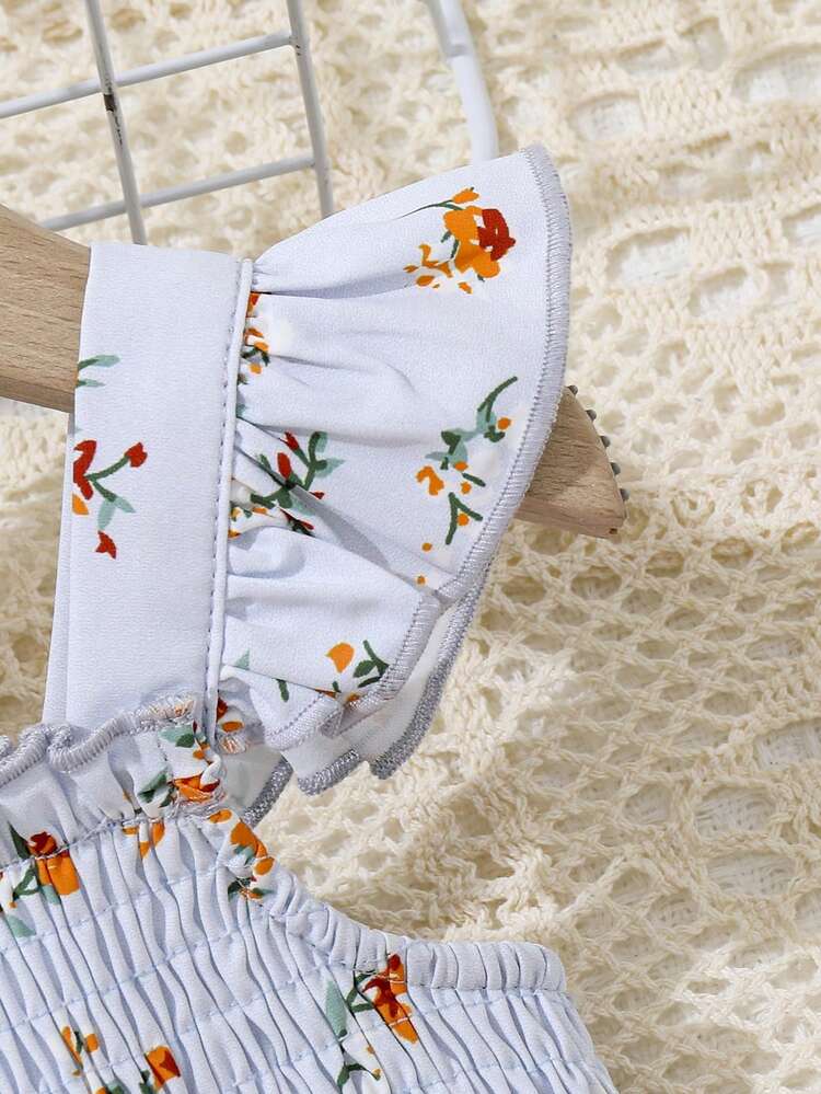 Baby Girls' Casual Patchwork Shirred Floral Dress